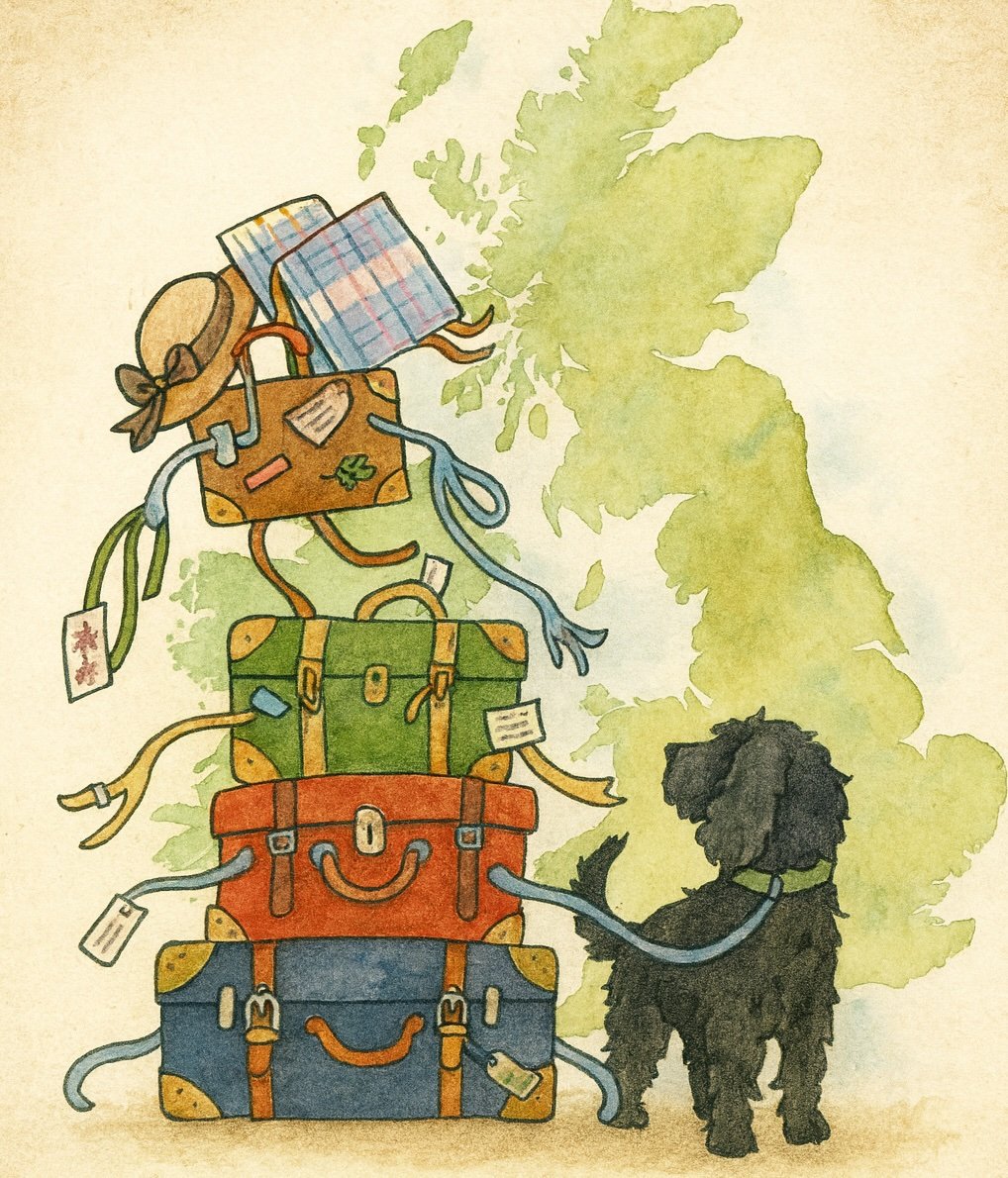 A watercolor sketch of a huge stack of luggage and a small black dog,