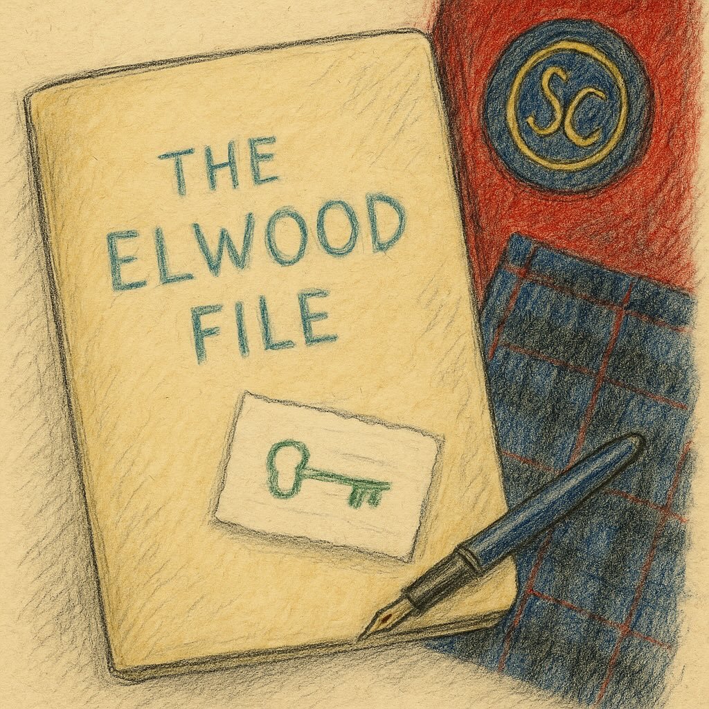 sketch of a folder and pen on top of a skirt and blazer