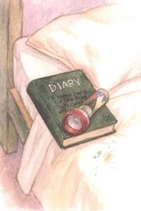 Image of diary on bed with flashlight on top.