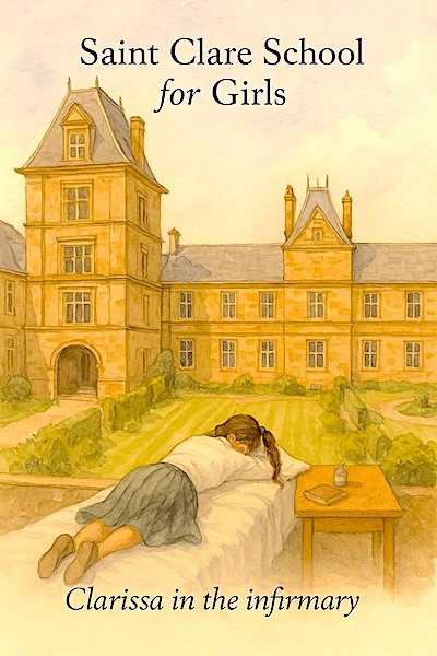 External shot of St. Clare School in the afternoon sun. In the foreground is a girl in a white shirt laying on a cot.