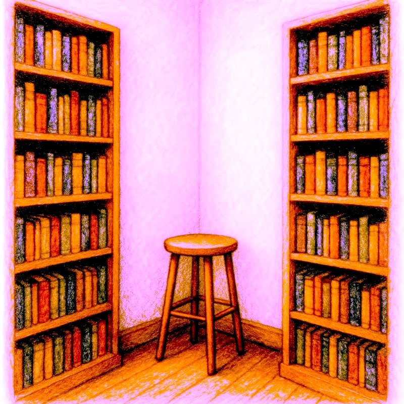 A drawing of a stool placed neatly in the corner of a book-lined room.