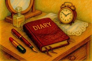 Diary on nightstand, pen, lipstick