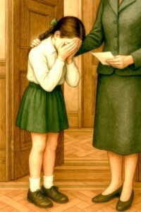 Miss Kelley comforts crying girl.