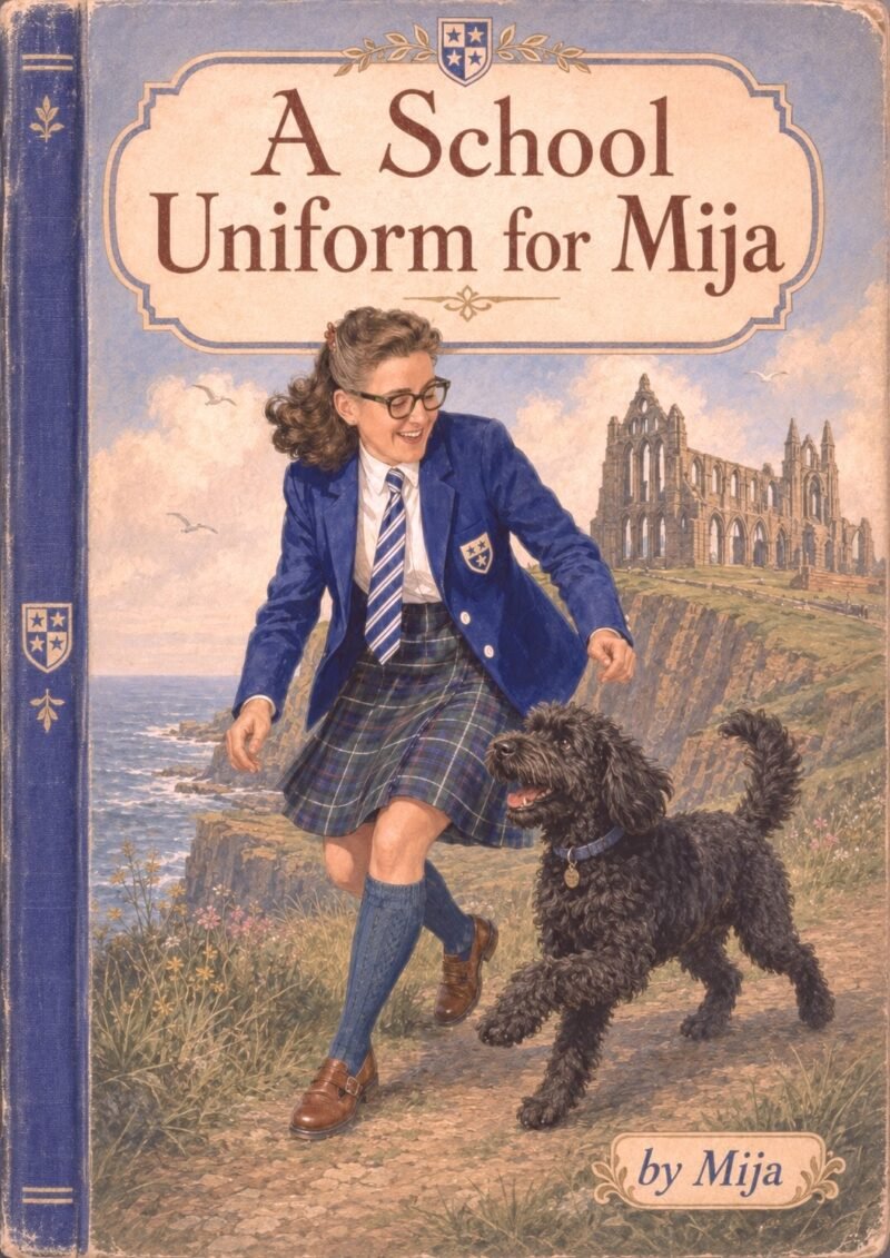 Mock boarding school book cover featuring me in a uniform.