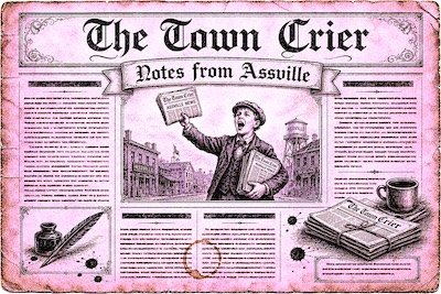 An image of the front page of Assville's newspaper called "The Town Crier"